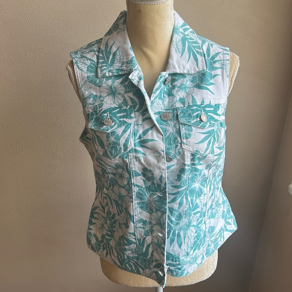 Roz & Ali Women’s Tropical Denim Vest Sz M New Floral ST2125